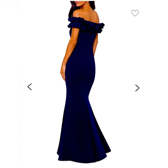 Off the Shoulder Ruffled Navy Evening Gown - Picture 2 of 10